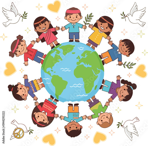 Multicultural children holding hands around globe vector illustration symbolizing world peace, unity, friendship and global diversity