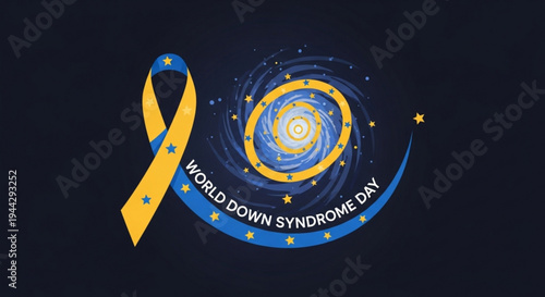 World down syndrome day awareness ribbon and starry spiral design on dark background