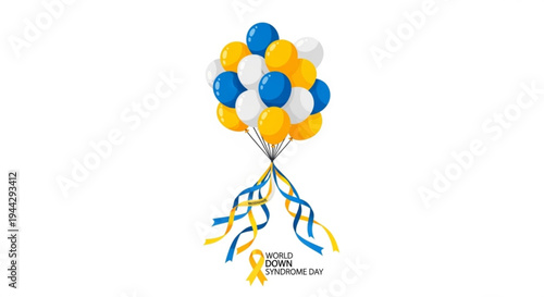 Bunch of blue yellow and white balloons tied with ribbons for world down syndrome day awareness on a white background