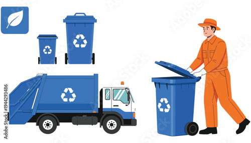 Recycling icon set with truck and worker in orange uniform