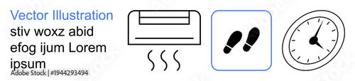 Home appliances, time management, HVAC systems, indoor comfort, navigation, minimalistic layout. Air conditioner, clock and footprints in a clean layout. HVAC systems and home appliances icons