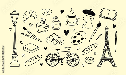 A charming collection of parisian themed doodles including landmarks food and artistic tools high quality