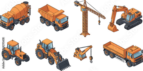 Isometric construction vehicles set including cement mixer dump truck tower crane excavator loader tractor and transport truck vector