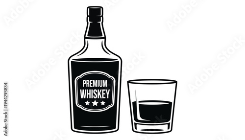 Whiskey premium bottle and glass icon illustration for advertising