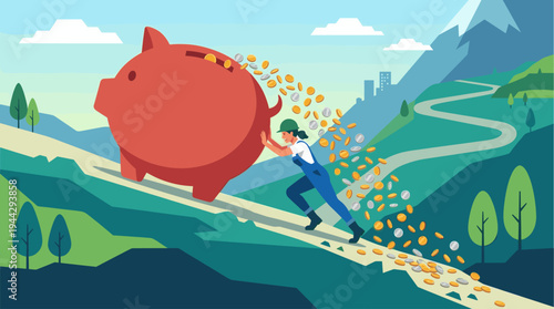 A determined woman pushes a giant red piggy bank up a steep green hill, as gold and silver coins spill out and scatter down the winding path, symbolizing financial struggle.