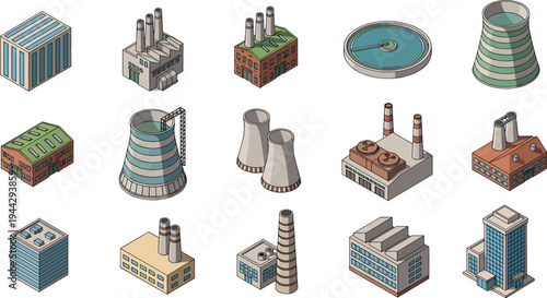 Isometric industrial factory buildings and power plant facilities vector icon set with cooling towers, storage tanks, refinery structures