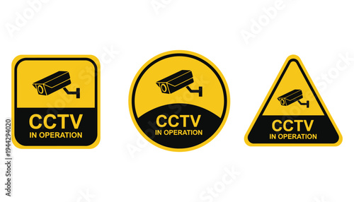 CCTV camera warning signs in operation on yellow and black icons