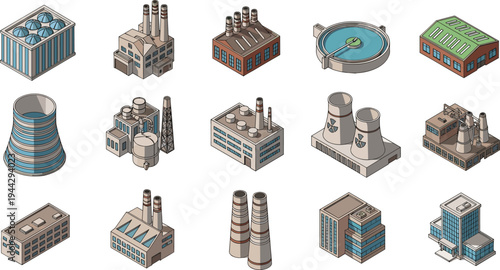 Isometric industrial factory and power plant buildings vector icon set with cooling towers, chimneys, storage tanks, refinery facilities
