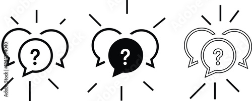 Three speech bubbles with question marks and thought loops