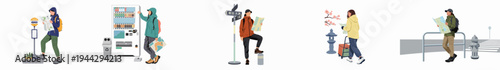 Collection of flat vector illustrations showing a solo female traveler exploring different urban locations in Japan with maps, backpacks, and luggage.