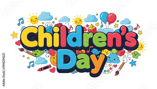 A colorful Children's Day illustration with cartoon elements and vibrant text
