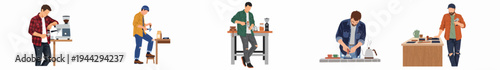 Set of flat illustrations featuring professional male baristas preparing coffee using various espresso machines and tools in a modern cafe setting.