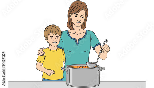 A woman and a boy cooking together in a large pot