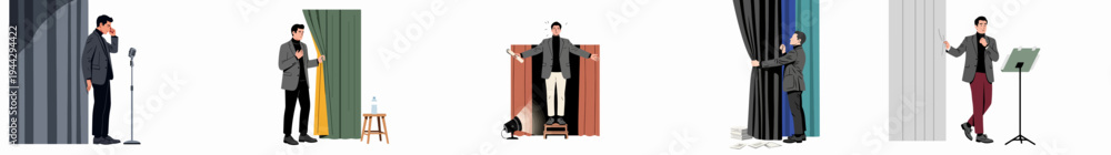 Φωτογραφία Set of illustrations depicting a man's various emotional states and stages of performing, from stage fright to stepping into the spotlight