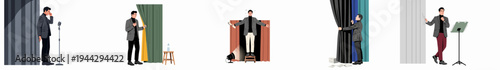 Set of illustrations depicting a man's various emotional states and stages of performing, from stage fright to stepping into the spotlight.