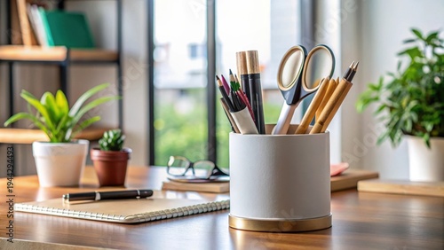 Desk Stationery Holder with Assorted Writing Tools and Accessories