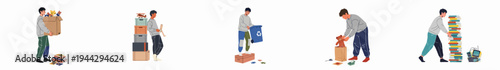 Flat illustration set of a young man decluttering, packing boxes, sorting toys, recycling items, and organizing books for a tidy home environment.