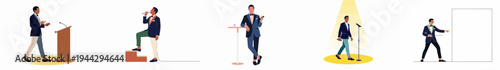 Set of professional male event hosts, speakers, and performers in elegant formal suits and tuxedos for gala, conferences, and ceremonies.