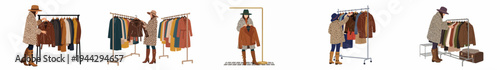 Set of flat illustrations showing a fashionable woman in a leopard print coat browsing through clothing racks for coats and jackets.