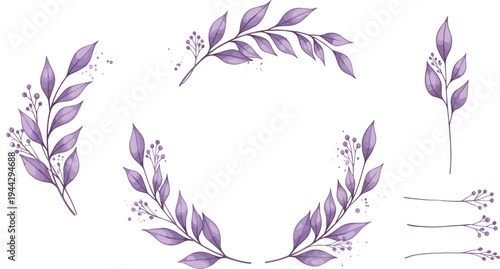 Purple watercolor floral wreath and botanical branches vector set with delicate leaves and flowers for elegant wedding designs