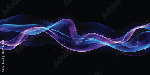 An abstract blue smoke wave design features smooth flowing lines and fractal patterns of light energy on a black backdrop creating a motion texture for an art wallpaper illustration