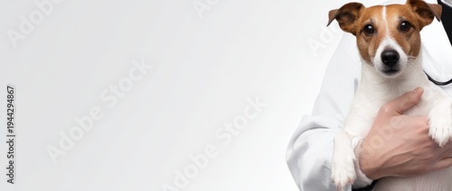 The gentle hands of the veterinarian hold the puppy. Banner with large copy space. Pet care.