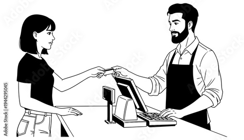 A cashier handing a card to a customer at a checkout counter