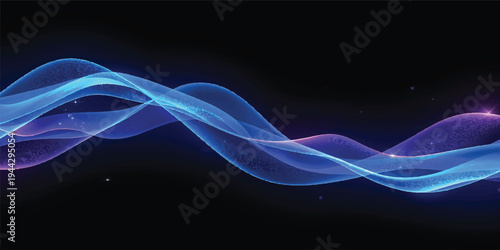 Dynamic abstract blue smoke waves create a flowing neon light pattern with smooth fractal curves and energy motion against a dark black wallpaper backdrop illustration