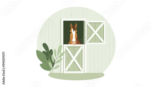 A horse head poking out of a green barn door illustration