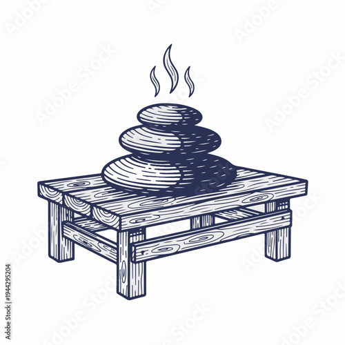 Vintage style hot stones on sauna bench line art graphic. Spa therapy and wellness concept. Hand drawn vector design isolated on white