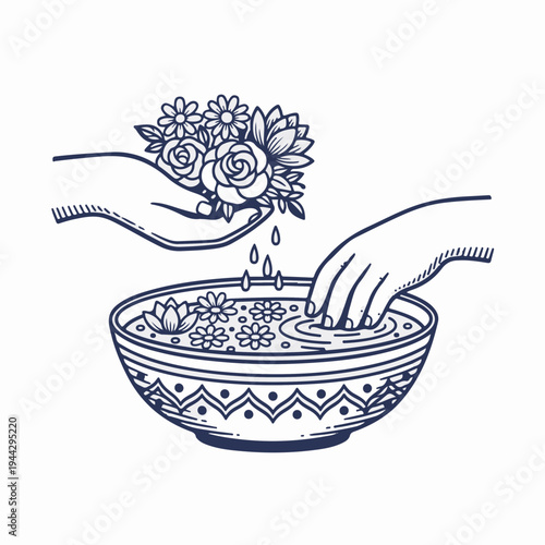Hands preparing flower bath. Vintage style line art vector graphic. Spa and wellness concept