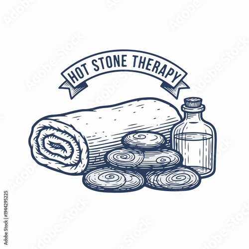 Vintage style hot stone therapy line art graphic. Spa massage with towel and oil bottle. Hand drawn vector design isolated on white