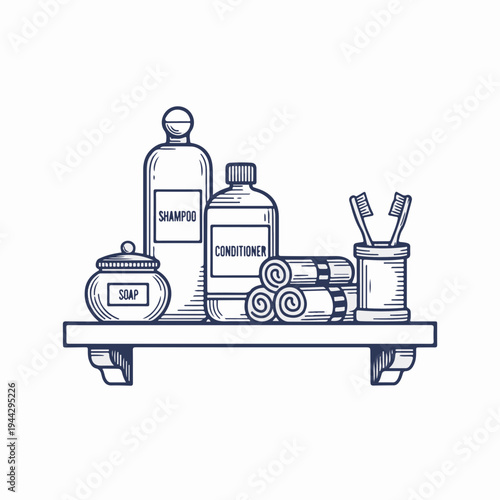 Vintage style hotel bathroom shelf line art graphic. Toiletries and towels on a wooden rack. Hand drawn vector design isolated on white