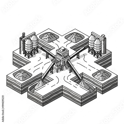 Isometric illustration of a mining and quarrying operation with industrial buildings and piles of raw materials.