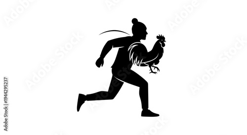 Silhouette of a person running with a rooster