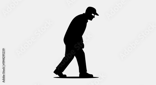 Silhouette of a mysterious person in a cap walking, isolated on white background