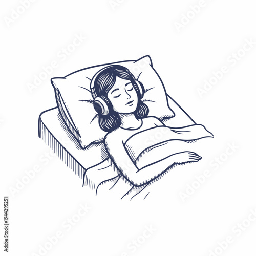 Girl with headphones lying in bed. Vintage style line art vector graphic. Relaxation and music concept