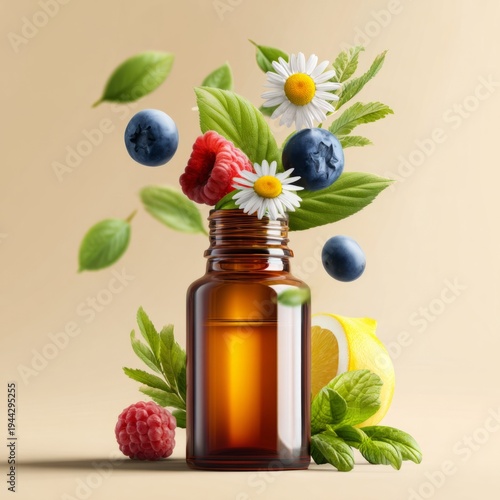 Concept of natural food supplements with fresh berries coming out of an amber medicine bottle. Copy space.