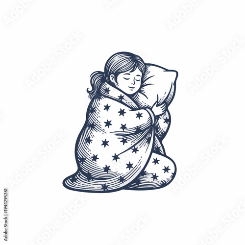 Vintage style line art graphic of a girl wrapped in a starry blanket hugging a pillow. Flat vector cozy lifestyle design