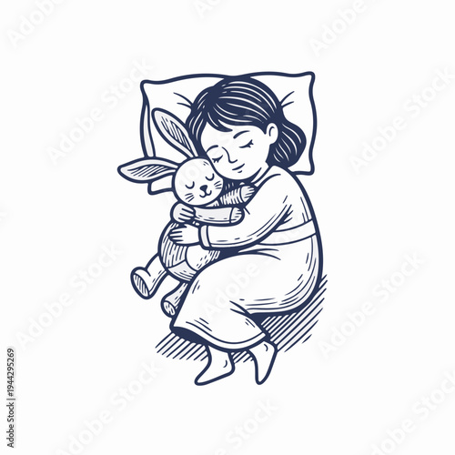 Vintage style line art graphic of a sleeping girl hugging a plush bunny toy. Flat vector bedtime concept
