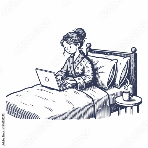 Girl using laptop in cozy bed. Vintage style line art vector graphic. Remote work and lifestyle concept