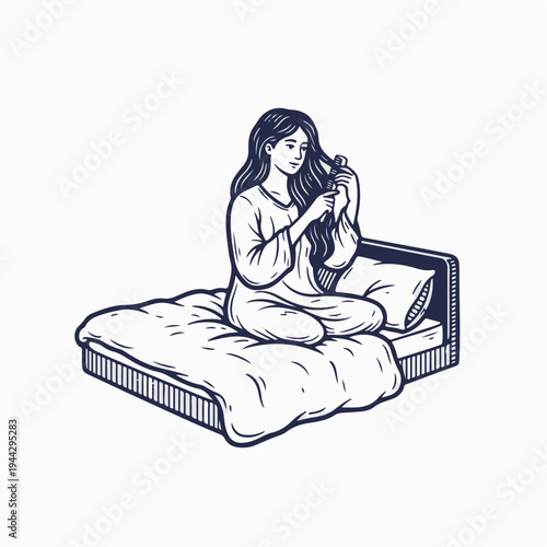 Vintage style line art graphic of a woman brushing her hair on a bed. Flat vector morning routine concept