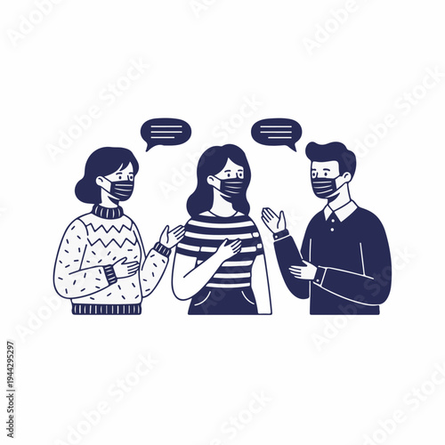 Friends chatting with face masks on. Vintage style flat vector illustration. Communication and health concept