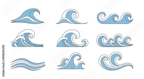 Set of Blue Stylized Ocean Wave Icons on White Background