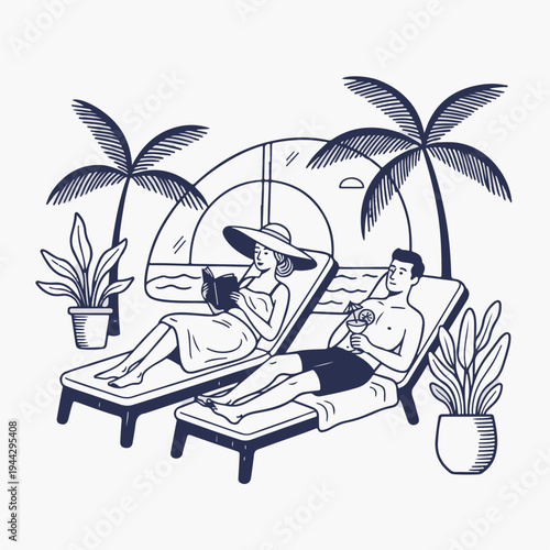 Vintage style flat vector artwork of a couple relaxing in a hotel spa lounge. Luxury resort and wellness concept. Minimalist line art of leisure and relaxation isolated on white