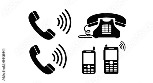 Black Telephone and Mobile Phone Communication Icons Set