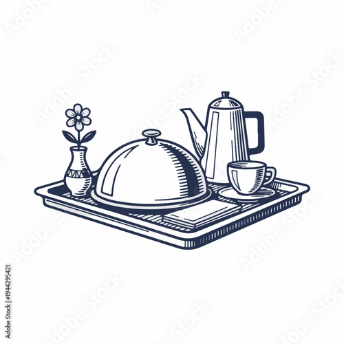 Vintage vector graphic of a room service breakfast tray. Retro engraving style with food cloche and teapot. Luxury hotel service concept isolated on white