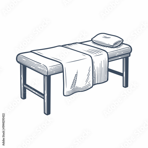 Massage therapy table with bedding. Vintage hand drawn vector graphic. Spa and wellness equipment isolated on white