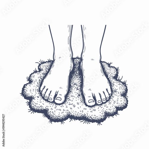 Bare feet standing on moss patch. Vintage hand drawn vector graphic. Grounding and nature concept isolated on white