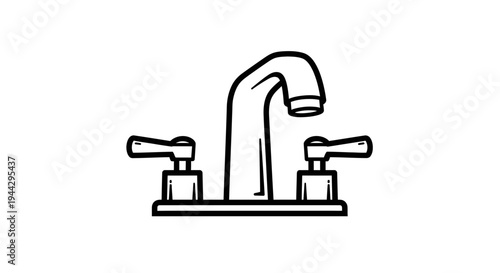 Simple Line Art Icon of a Chrome Faucet with Two Handles on a White Background